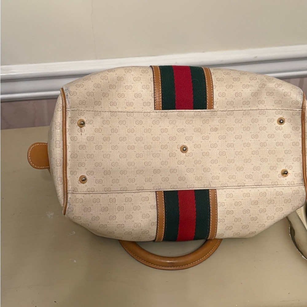 Vintage Gucci Beige and Tan Satchel with Red and Green Stripe pristine - Picture 3 of 7
